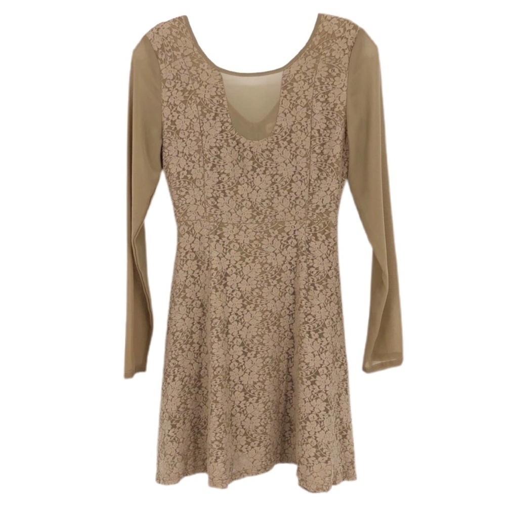 Altar’d State Women Dress Tan Size XS Lace Mesh Floral Long Sleeve Fit & Flare